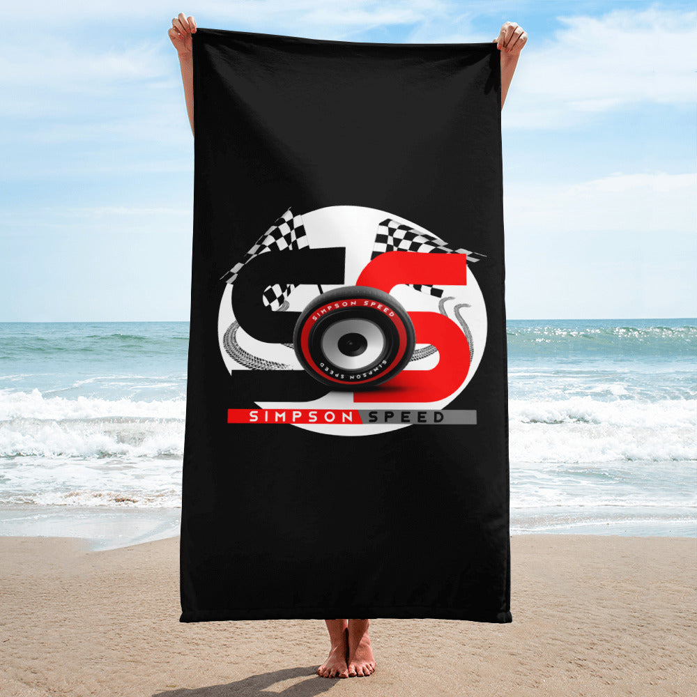 Black towel with red and gray logo